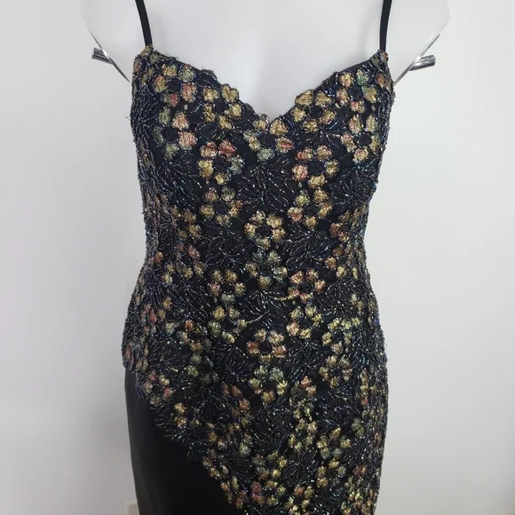 Menekshe black silk gown beaded appliqué formal - Picture 4 of 11